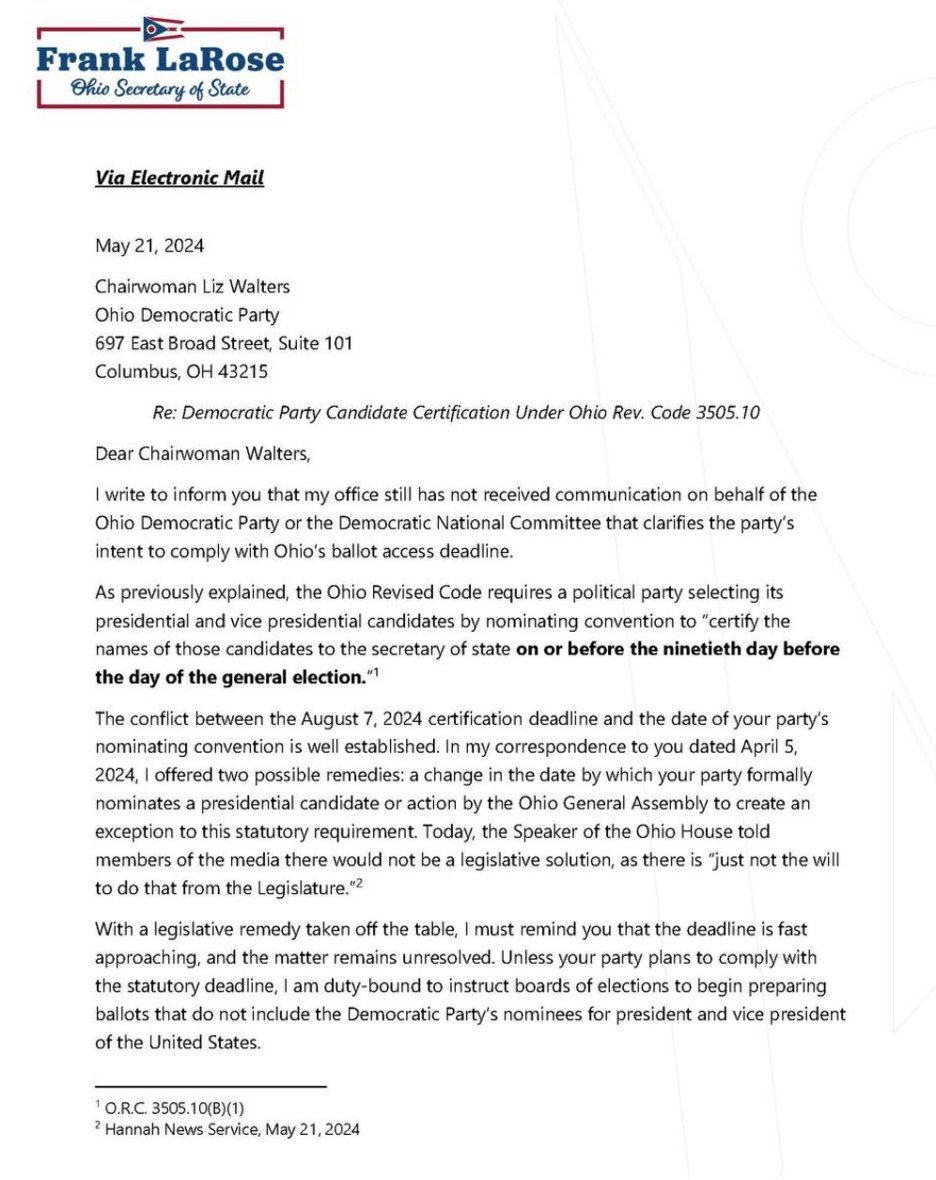 Ballot Fraud 2024: @RealSKeshel: 'the Biden-Harris ticket is in dire jeopardy of not appearing on the November General Election ballot' in Ohio. Ohio requires presidential/VP names to be certified on or before the ninetieth day before the day of the general election. The deadline