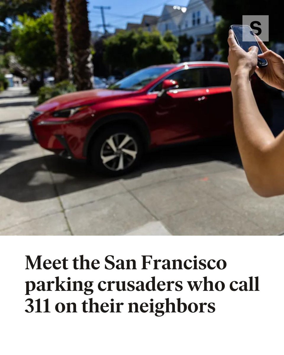 sfstandard's tweet photo. San Francisco has a subculture of parking vigilantes. Frustrated with widespread illegal parking, most of all blocking sidewalks, these residents have taken it upon themselves to report vehicles to the city, often resulting in a parking ticket. https://t.co/TmoK9yRbyw https://t.co/CUIyJWtNxP