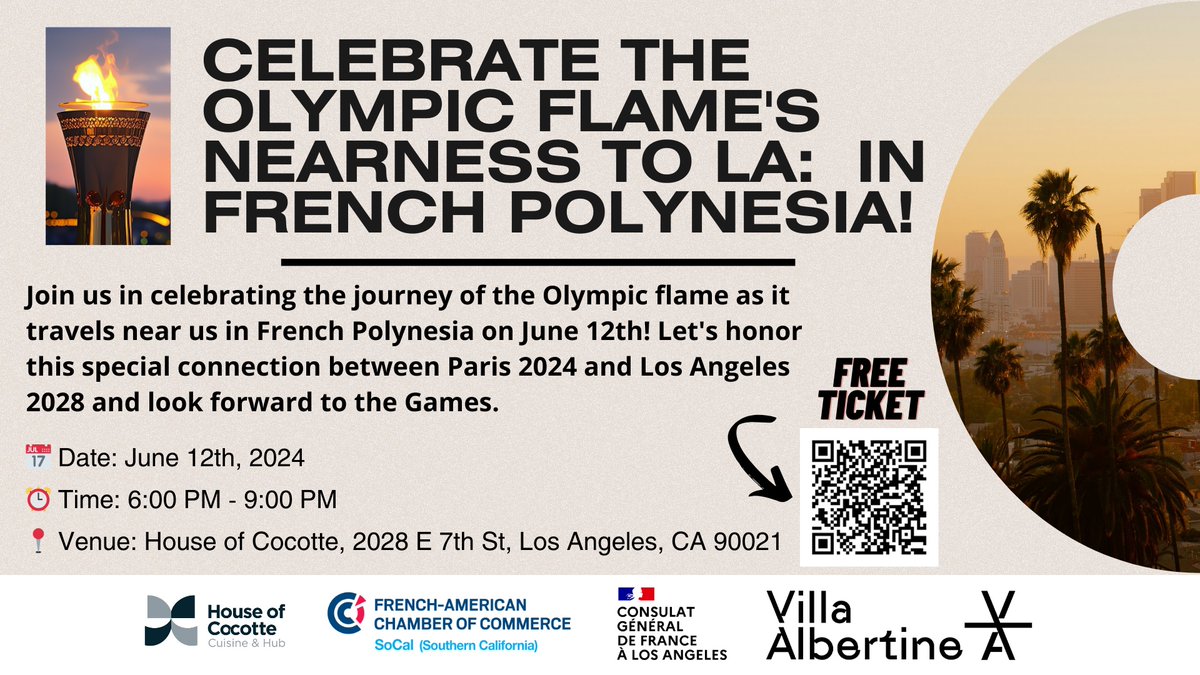 Join us for a memorable celebration on June 12th! As the Olympic flame arrives in French Polynesia, its closest stop to us, we honor its journey from Paris 2024 to Los Angeles 2028! ​zeffy.com/ticketing/7d26…