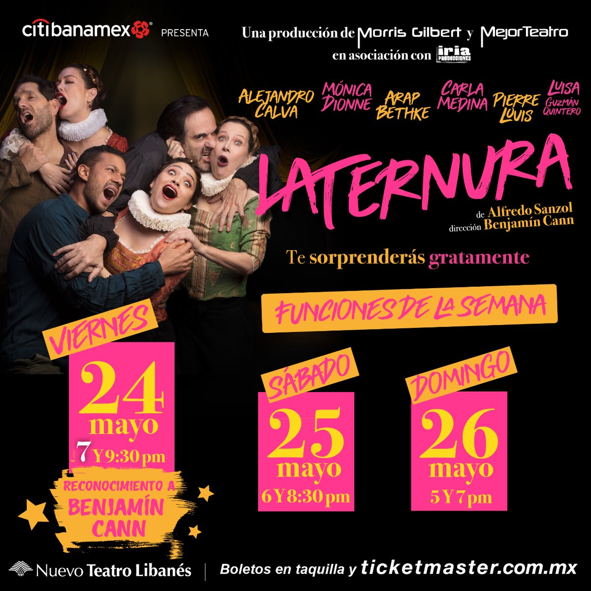 ¿Será verdad que en la guerra y en el amor todo se vale? ¡Adquiere tus boletos y descúbrelo este fin de semana en @LaTernuraObra, una comedia romántica! 💖 24 de mayo ⏰ 7 y 9:30 p.m. 📅 25 de mayo ⏰ 6 y 8:30 p.m. 📅 26 de mayo ⏰ 5 y 7:00 p.m. 🎟️ bit.ly/LaTernuraBolet…