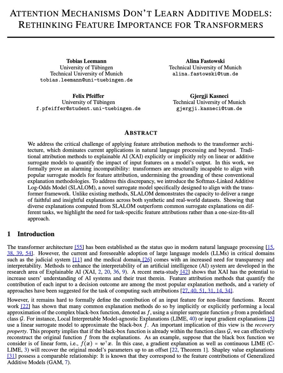 fly51fly's tweet image. [LG] Attention Mechanisms Don&apos;t Learn Additive Models: Rethinking Feature Importance for Transformers  
arxiv.org/abs/2405.13536      
- Common transformer architectures like BERT and GPT-2 structurally cannot represent additive models like linear models or generalized additive…