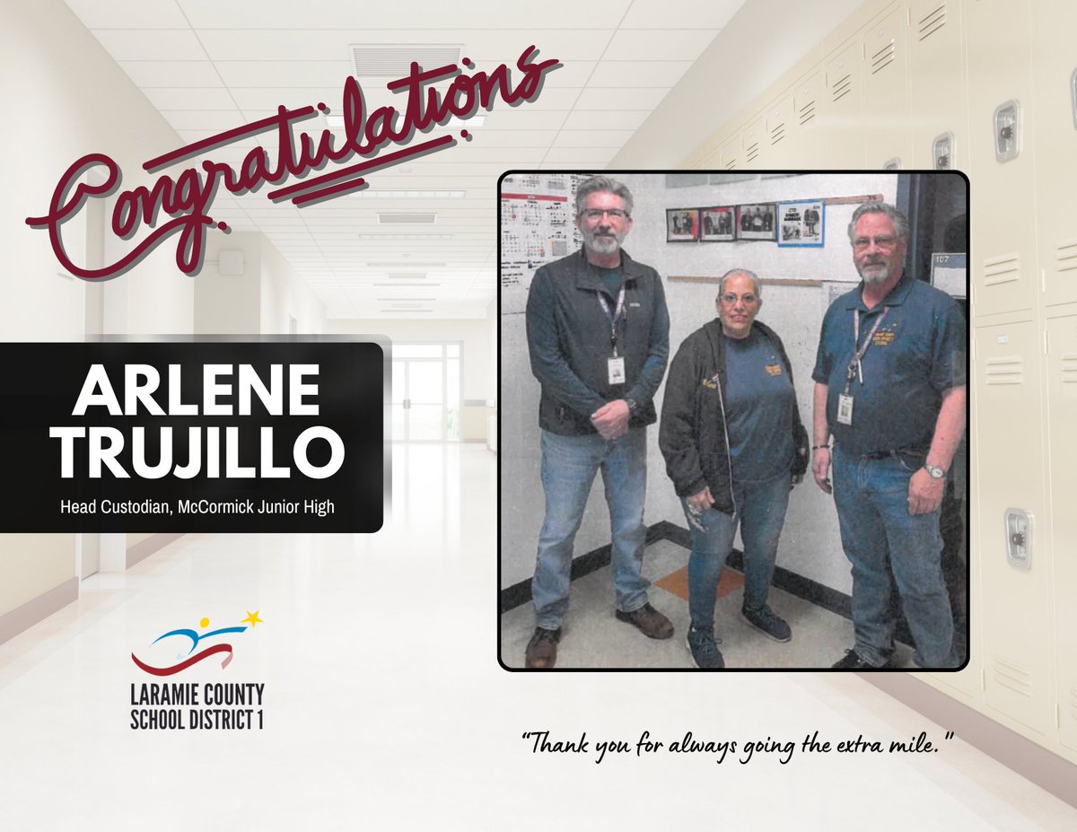 Congratulations to McCormick Junior High's head custodian Arlene Trujillo for receiving Custodial Employee of the Month!

According to the selection committee, Arlene has a positive attitude and is always willing to help.

Thank you for aways going the extra mile!

#elevateLCSD1