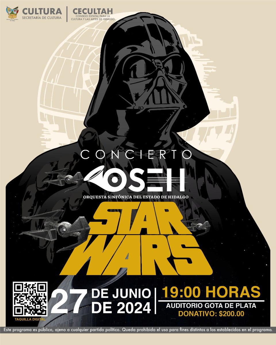 Celebra la saga Star Wars con un 𝐜𝐨𝐧𝐜𝐢𝐞𝐫𝐭𝐨 𝐠𝐚𝐥𝐚́𝐜𝐭𝐢𝐜𝐨 interpretado por la OSEH.🌌🎞 🗓 27/06/24 | 19:00 h 📍Auditorio Gota de Plata 🎟 Donativo: $200 boletos de L-V de 9:00 a 17:00 h 🏛Teatro Bartolomé de Medina 🎫 Taquilla digital: taquilla.cecultah.gob.mx/events/concier…
