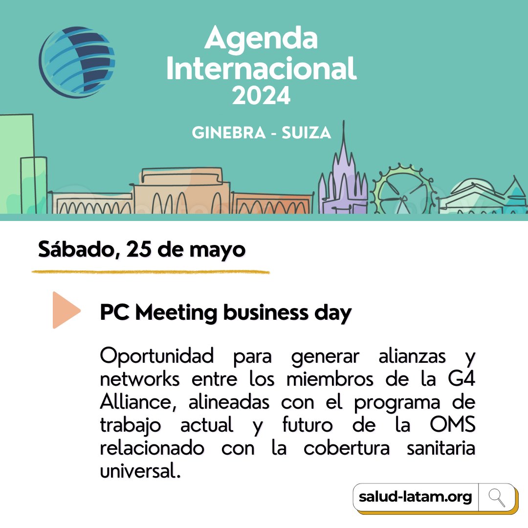 📅Continúa la #Agenda de trabajo en #Ginebra🇨🇭:

🔍📲 ¡Sigue nuestras actividades y mantente informado sobre los esfuerzos que compartimos con otros actores clave para avanzar en la #SaludGlobal!

#WHA77 #OMS77 #GlobalSurgery #advocacy