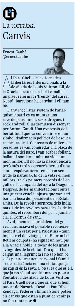 ernestcauhe's tweet photo. Sobre el Park Güell anarquista avui vestit de Louis Vuitton i com no sabem si és pitjor com hem canviat nosaltres o la nostra ciutat.

“Canvis”, la meva cosa quotidiana a l’@indepe_gracia.

#Barcelona #Gràcia https://t.co/UOHl0kgtZ3