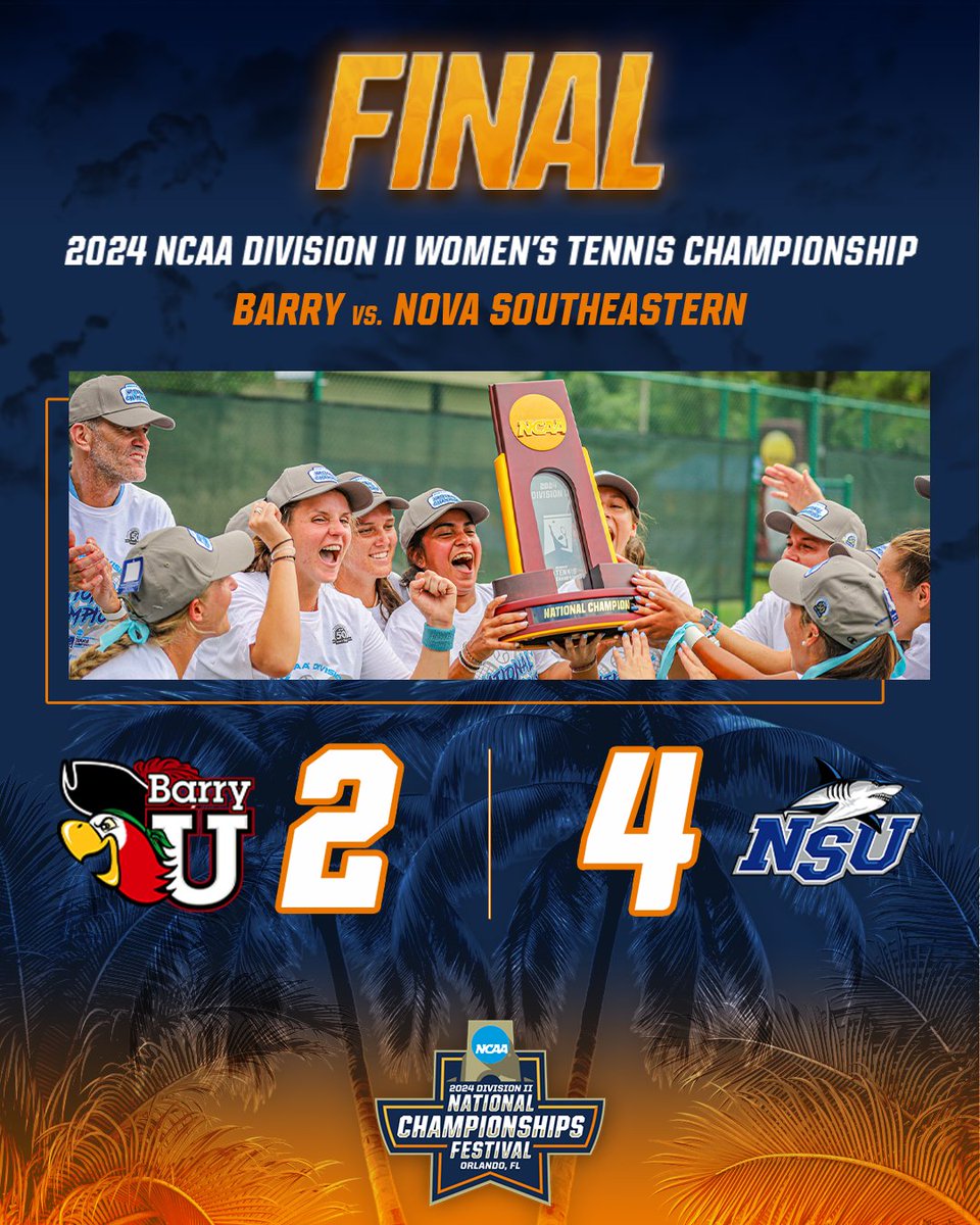 NCAADII's tweet photo. BUSINESS FINISHED‼️

Trailing 1-0 after doubles, @NSUSharks dig deep to earn four singles victories to dethrone 6x Champions Barry to win the #D2WTEN Championship Friday afternoon!

https://t.co/CbFyRpTTWq

#D2Festival https://t.co/YZo3DbNl4v