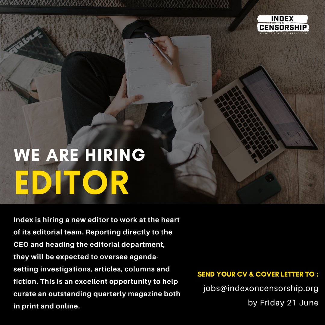 Are you passionate about defending #FreedomOfExpression? @IndexCensorship is seeking a new Editor to helm our prestigious publication. This role requires a keen editorial eye & a commitment to the values of free expression. Application closed 21 June: indexoncensorship.org/2024/05/index-…