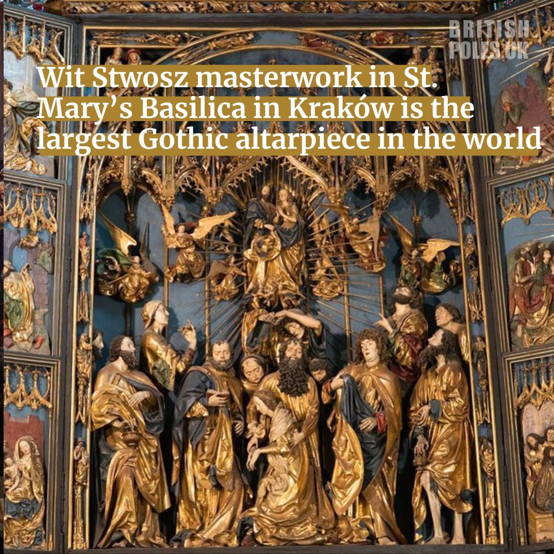 The famous German sculptor Wit Stwosz (Veit Stoss) began creating his life's work, the intricately carved wooden altarpiece in St. Mary's Basilica in Kraków, #OTD in 1477. This masterpiece is said to be the largest Gothic altarpiece in the world. Read more: