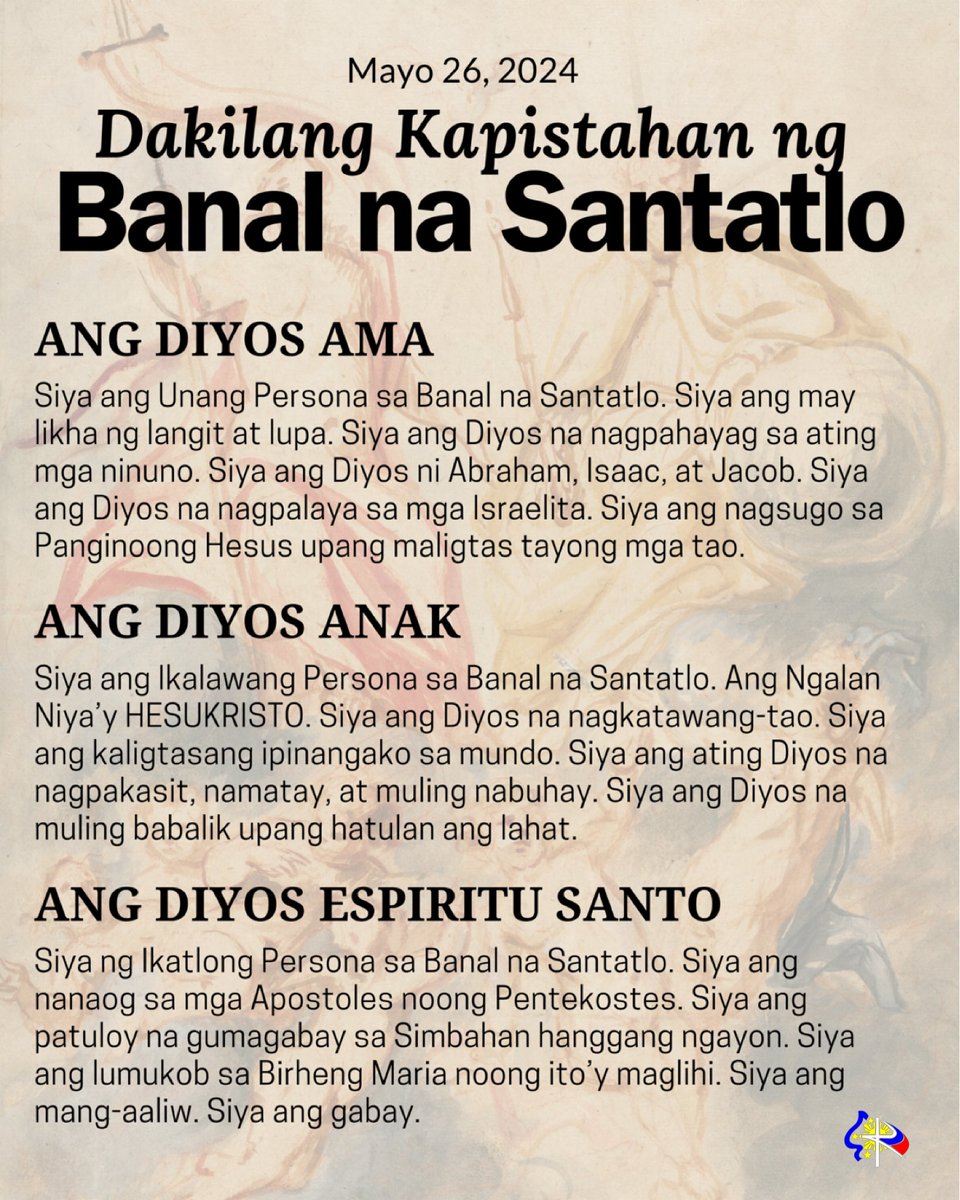 Bukas, Mayo 26, ay Dakilang Kapistahan ng BANAL NA SANTATLO O HOLY TRINITY. ❤️ Papuri sa Ama, sa Anak, at sa Espiritu Santo!