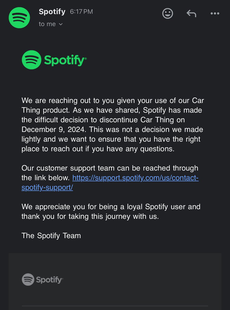Bruhhhh Spotify just sent ANOTHER EMAIL Discontinuing the Car thing even after the backlash… 😂