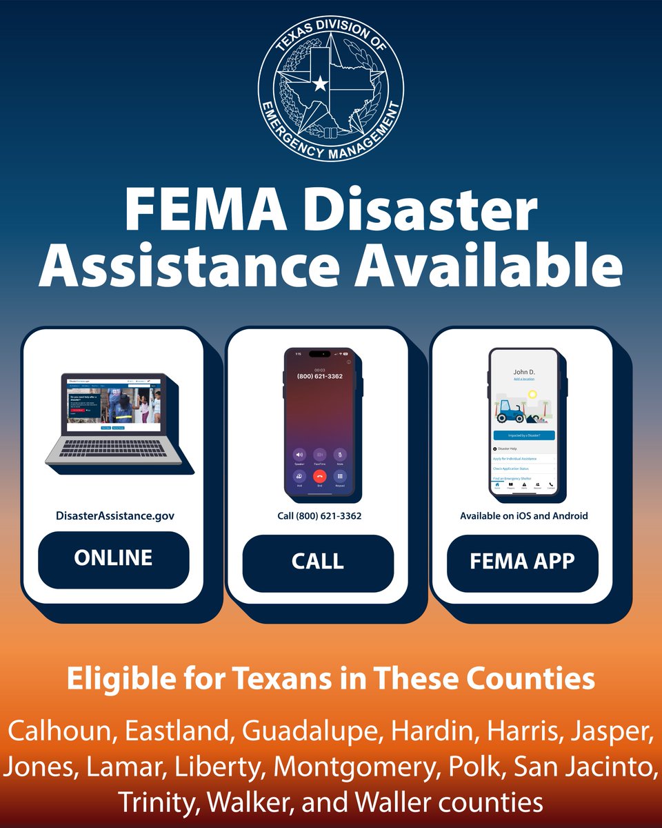Disaster assistance from @FEMA is available for impacted Texans in additional counties after recent severe storms. Ways To Apply: 🖥️Online: DisasterAssistance.gov 📞By Phone: 800-621-3362 📲Using the FEMA App 🤝In-Person at a Disaster Recovery Center: fema.gov/drc