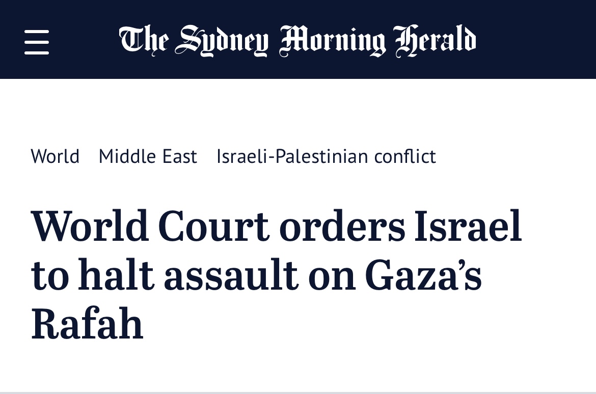 Sophiemcneill's tweet photo. The world's top court orders Israel to immediately halt its assault on Rafah.

Australia must take concrete steps, including arms embargoes &amp; targeted sanctions, to press Israel to comply with these binding orders.

No more empty words @AlboMP @SenatorWong We need urgent action! https://t.co/NKQESJGxrk