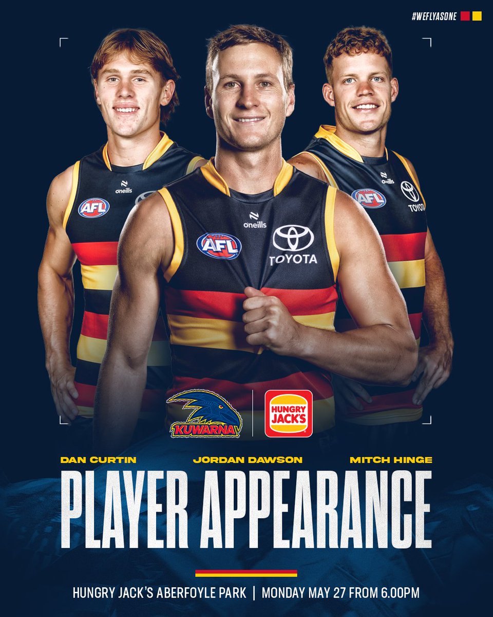 Catch you at @HungryJacksAU Aberfoyle Park this Monday night 👋 Grab a photo, autograph and a burger with DC, Daws and Hingey 📸🍔