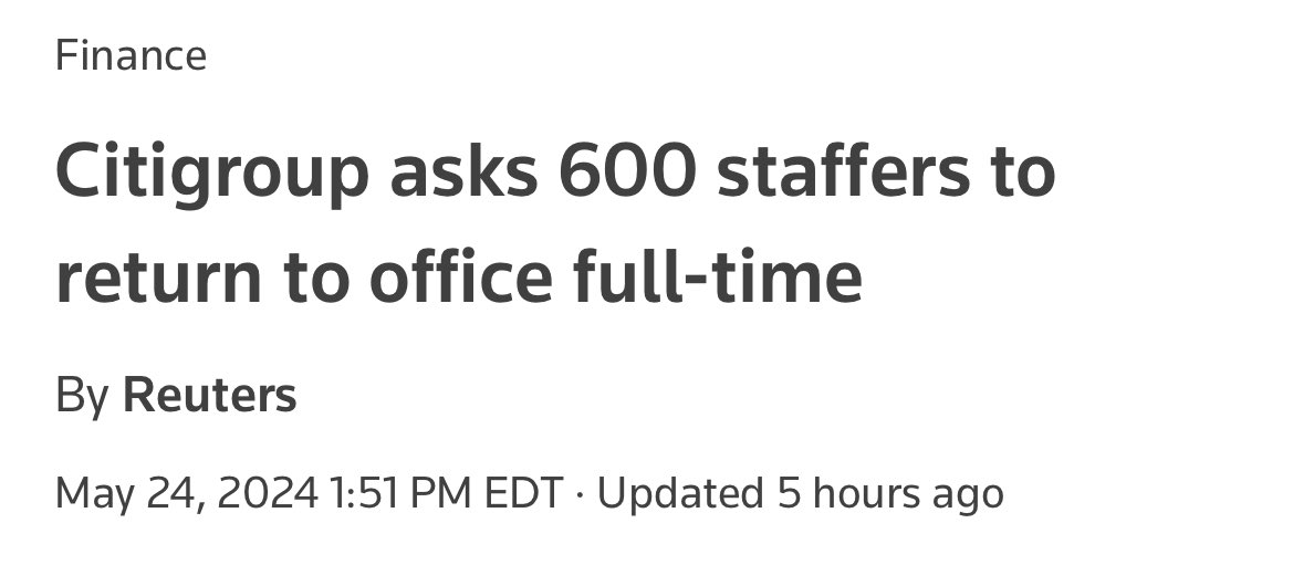 carlquintanilla's tweet image. (Reuters) - Citigroup has asked its 600 U.S. employees, who are eligible to work remotely, to return to office fulltime, it said on Friday as regulatory requirements make it hard for Wall Street banks to allow offsite work for roles such as trading.

$C #RTO…