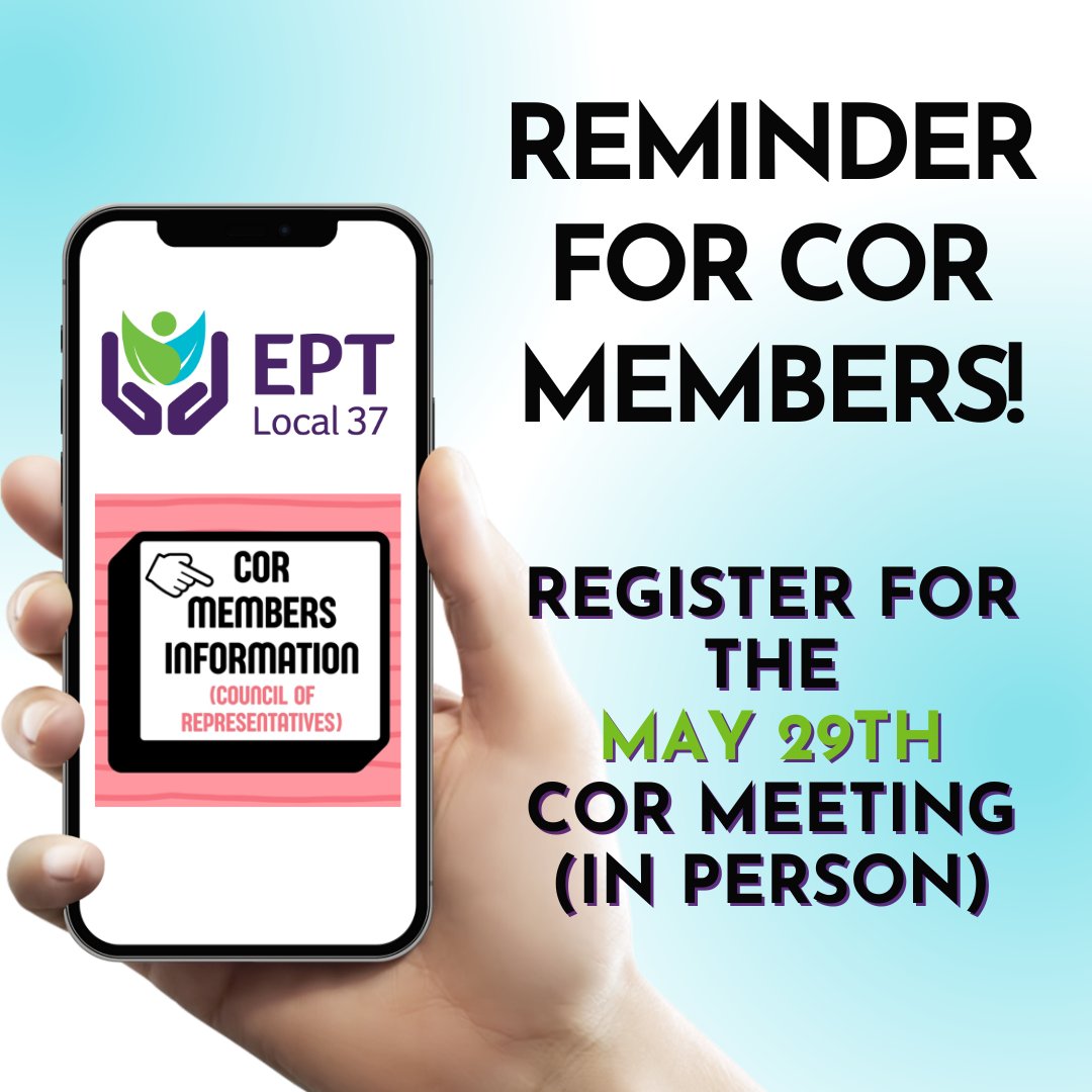 EdPubTeachers's tweet image. ATTENTION COR MEMBERS: Remember to register for the upcoming COR meeting on Wednesday, May 29th.

#edpub #local37 #schoolrep #StandTogether #DemandBetter