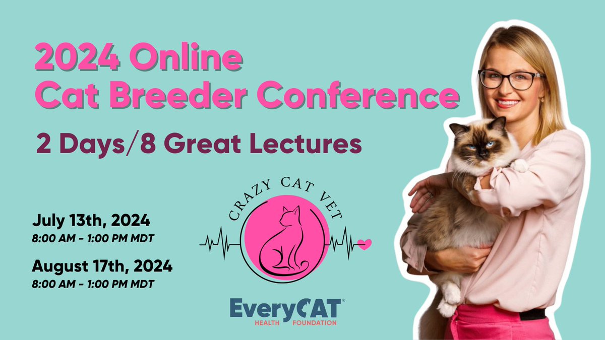 Join the Online Cat Breeder Conference 2024 for two days of amazing lectures on July 13th and August 17th. This event dives deep into feline genetics, behavior, neonatal care, and more! 
ow.ly/rWbY50RUCc0

#everycathealth #cathealth #cat #cats #felinehealth #felinemedicine