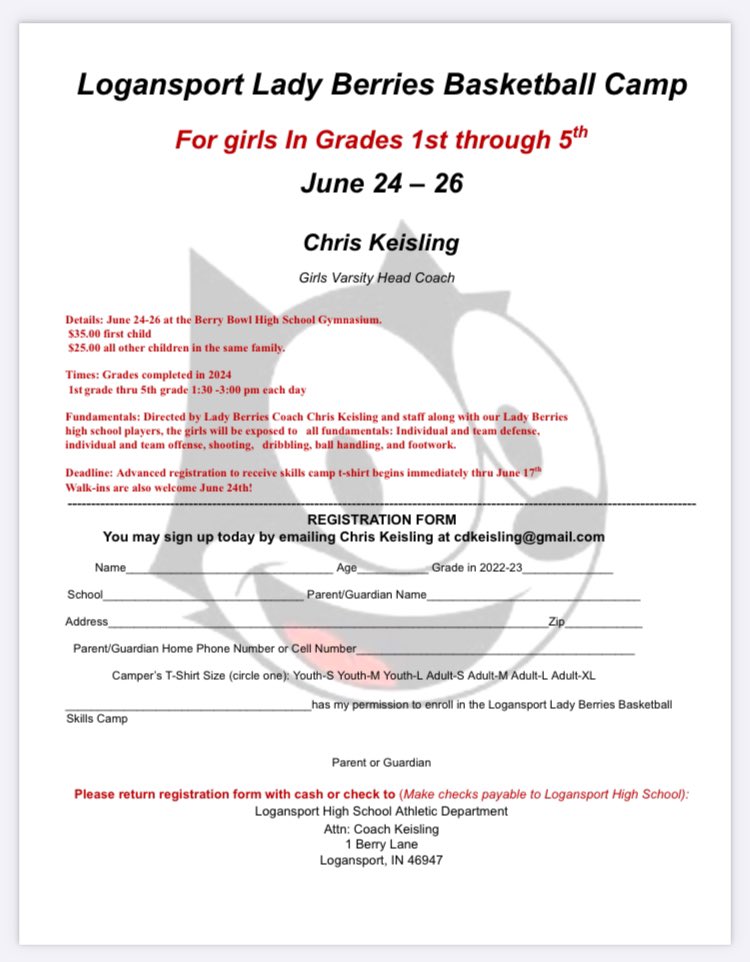 Lady Berries Basketball Camp is Monday June 24th thru Wednesday June 26th.

For young ladies that have just completed 1st thru 5th grade.

Walk-ins on June 24th are welcome!