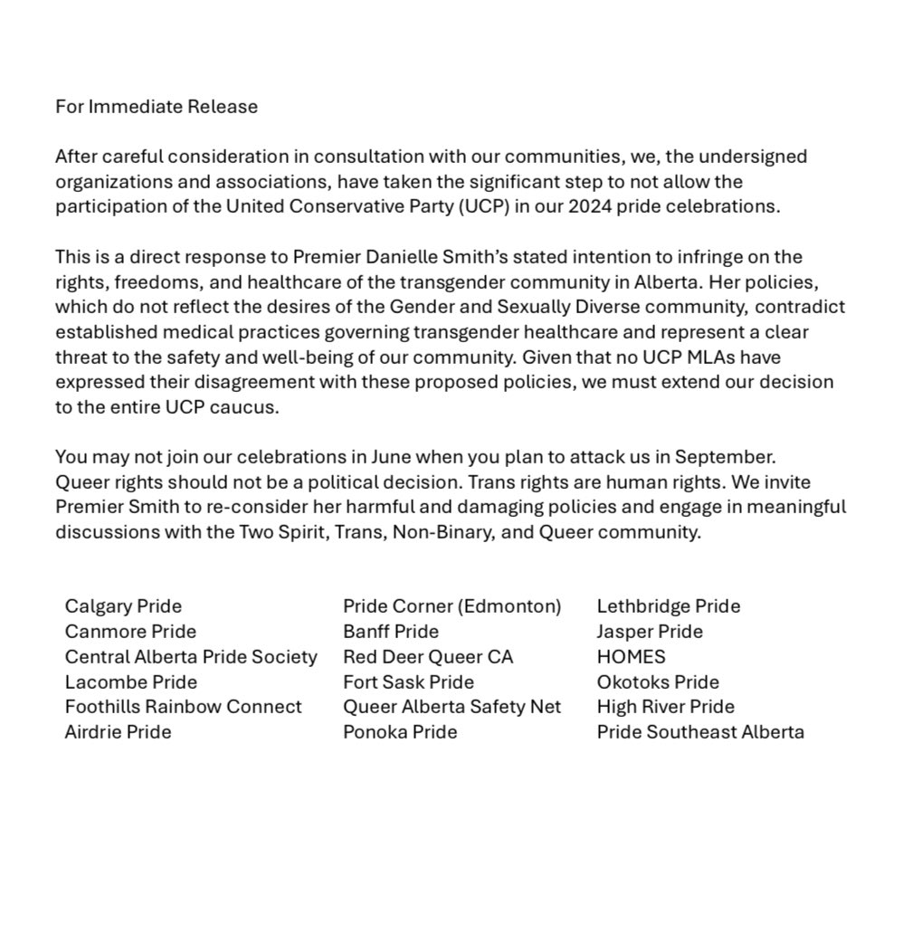 Want to come to pride <a href="/ABDanielleSmith/">Danielle Smith</a> ? <a href="/tanya_fir/">Tanya Fir</a> ? State you will abandon your attack on trans rights! 
There are now 18 pride organizations saying No UCP at pride while you represent a threat to our community.

#ableg #abpoli