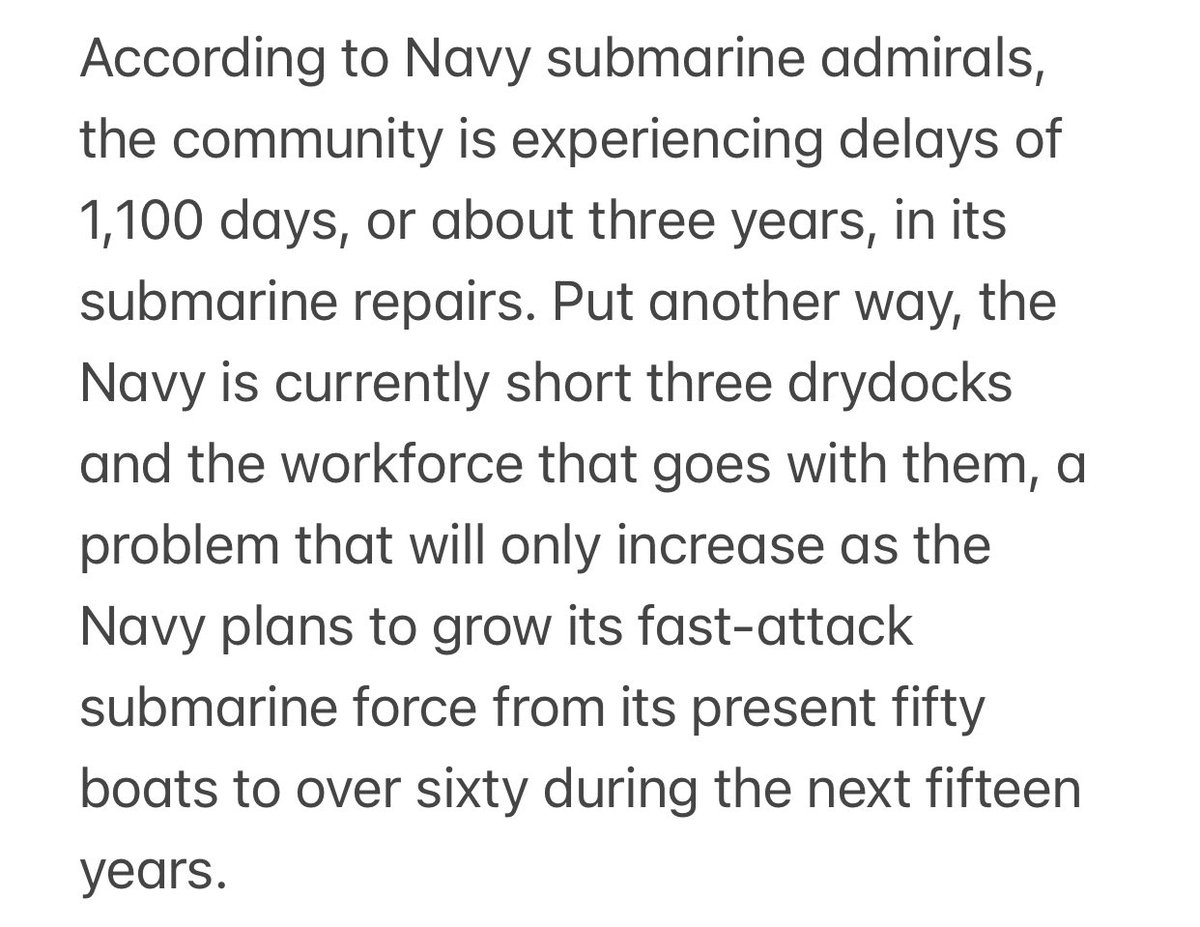 Mark for a serious read this long weekend: “Sunk at the Pier: Crisis in the American Submarine Industrial Base” by Captain @JerryHendrixII (USN, Ret.) americanaffairsjournal.org/2024/05/sunk-a… Captain Hendrix is a realist about the need and the bottleneck(s). Pass around to your friends.