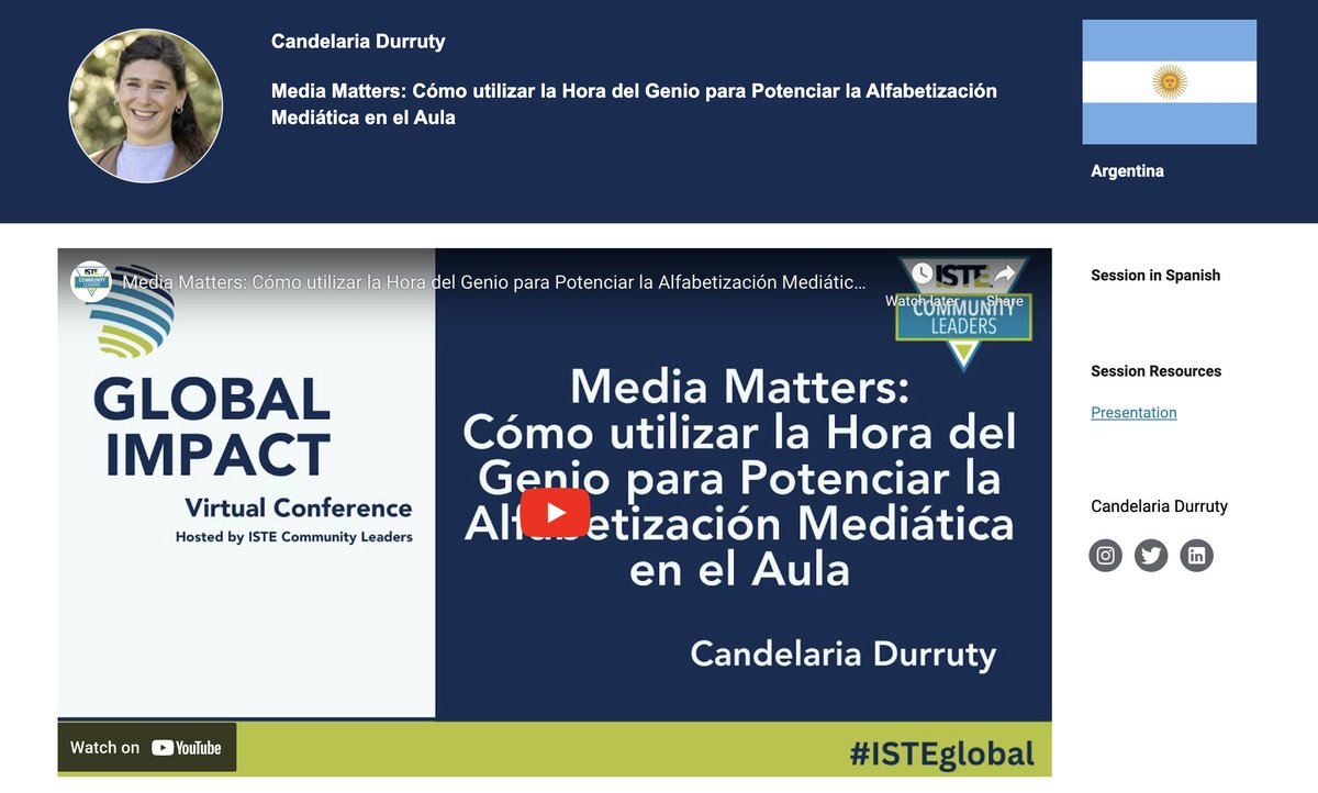 Straight from 🇦🇷 -- a must-see Spanish #ISTEGlobal session about #medialiteracy #geniushour, presented by @candedurruty: bit.ly/ISTEglobal21 💻#globalimpact: bit.ly/Global-Impact-…… Whether you're at #ISTELive or not, we want to chat - so say 👋