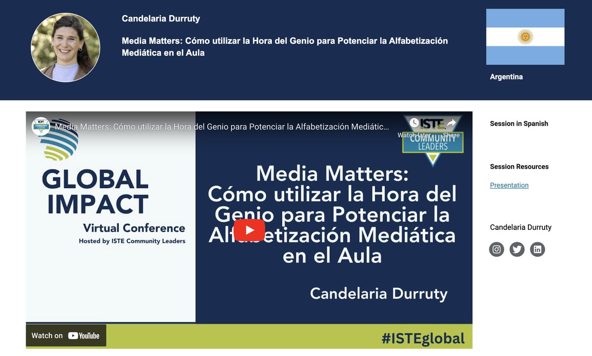 ISTEcommunity's tweet photo. Straight from 🇦🇷 -- a must-see Spanish #ISTEGlobal session about #medialiteracy #geniushour, presented by @candedurruty: https://t.co/1lqdCB1asV 

💻#globalimpact: https://t.co/8l2Bp2urBo… 

Whether you're at #ISTELive or not, we want to chat - so say 👋 https://t.co/zw5xgD8e9k