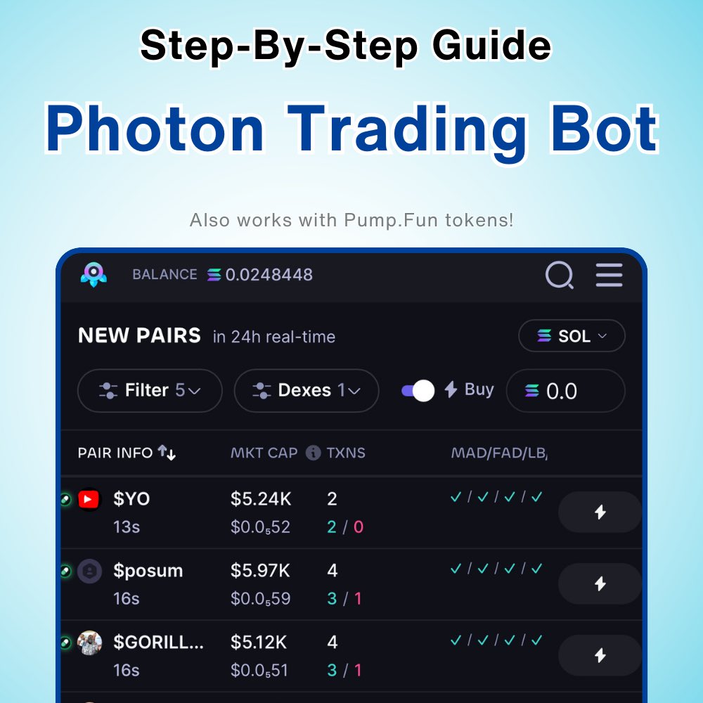 You need to use Trading Bots if you buy and sell memecoins. This is a Full Step-By-Step Guide on how you can set a new account with @tradewithPhoton - the most used bot and also one of the safest. It also works with PumpFun tokens. 🧵👇