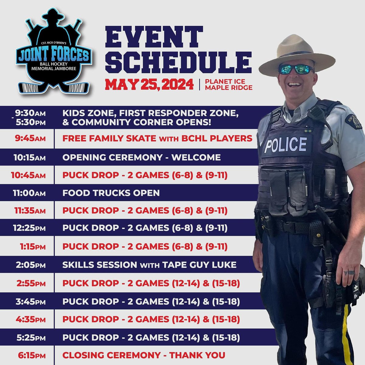 Don't want FOMO? Join us, 9:30 a.m. onwards, for a day filled with fun, community and teamwork as we honour Cst. Rick O'Brien's Legacy at the #JointForcesJamboree! This event is open to the public, you don't have to be a registered player to attend! See you there! 🏒🚨