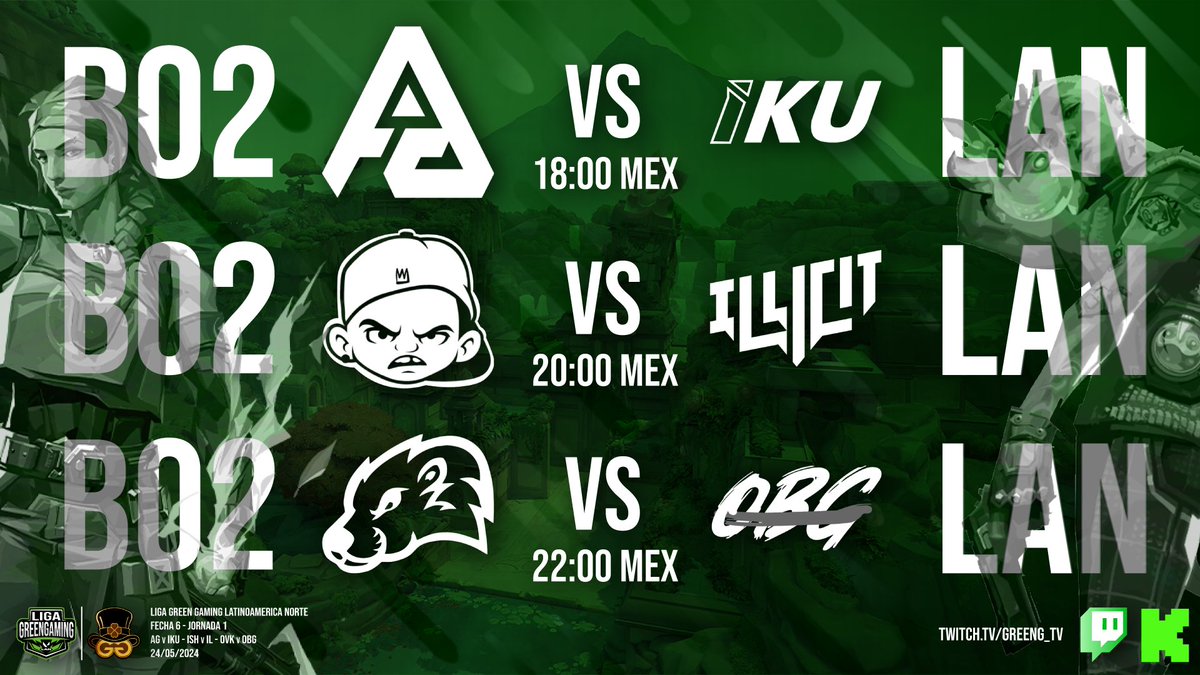 🟢Hoy tenemos 1° jornada 6° Fecha de #LigaGreenGamingLAN🟢

1° partido: <a href="/GamingAbsolute_/">Absolute Gaming</a> vs <a href="/iKUesports_/">iKU</a>
18:00🇲🇽
-----------------------------------------------------
2° partido: <a href="/IshtosGaming/">Ishtos Gaming</a> vs <a href="/IllicitG_/">ILLICIT Gaming</a> 
20:00🇲🇽  
-----------------------------------------------------
3°