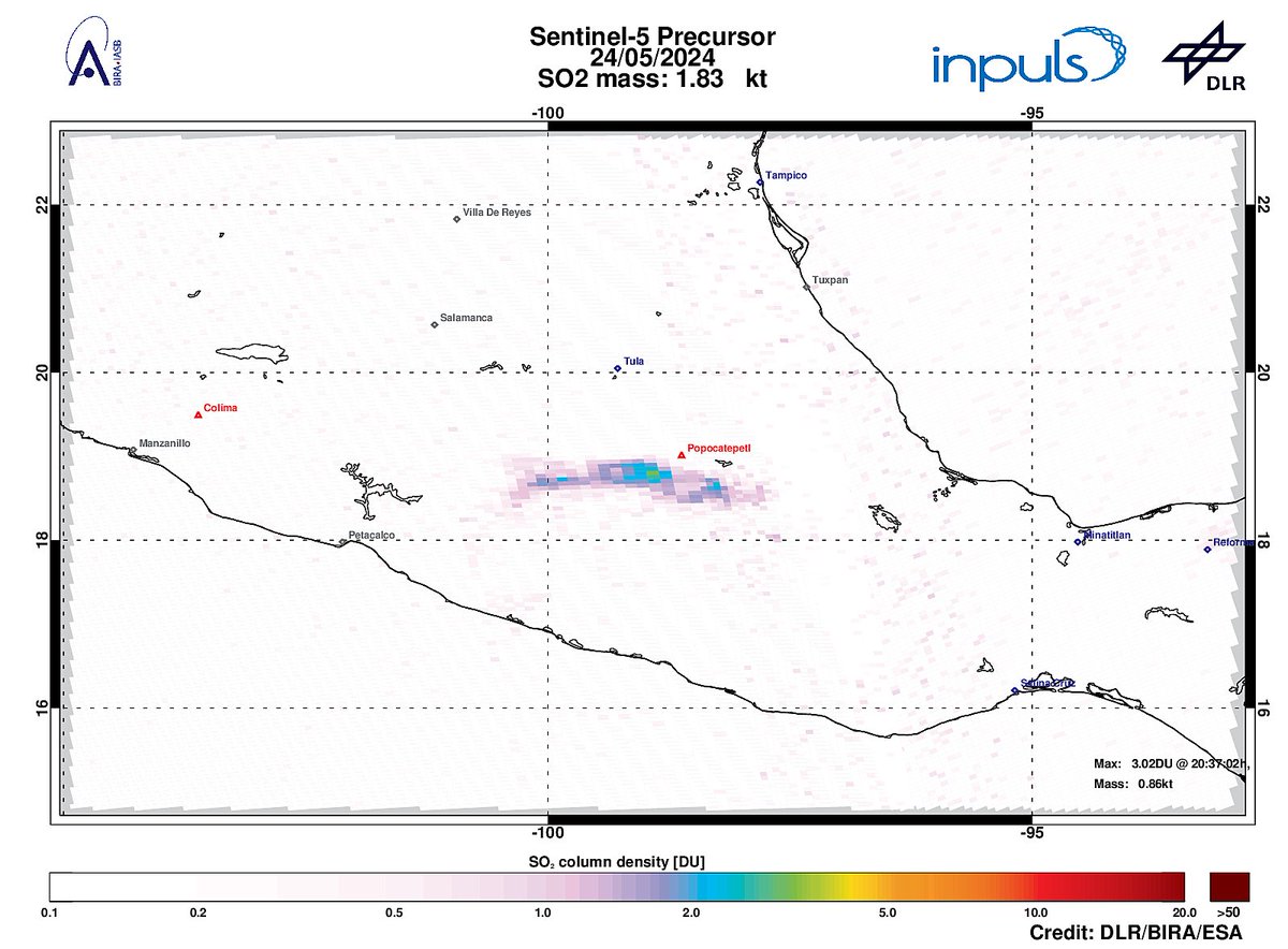 On 2024-05-24 #TROPOMI has detected an enhanced SO2 signal of 3.02DU at a distance of 39.6km to #Popocatepetl. #DLR_inpuls @tropomi #S5p #Sentinel5p @DLR_en @BIRA_IASB @ESA_EO #SO2LH