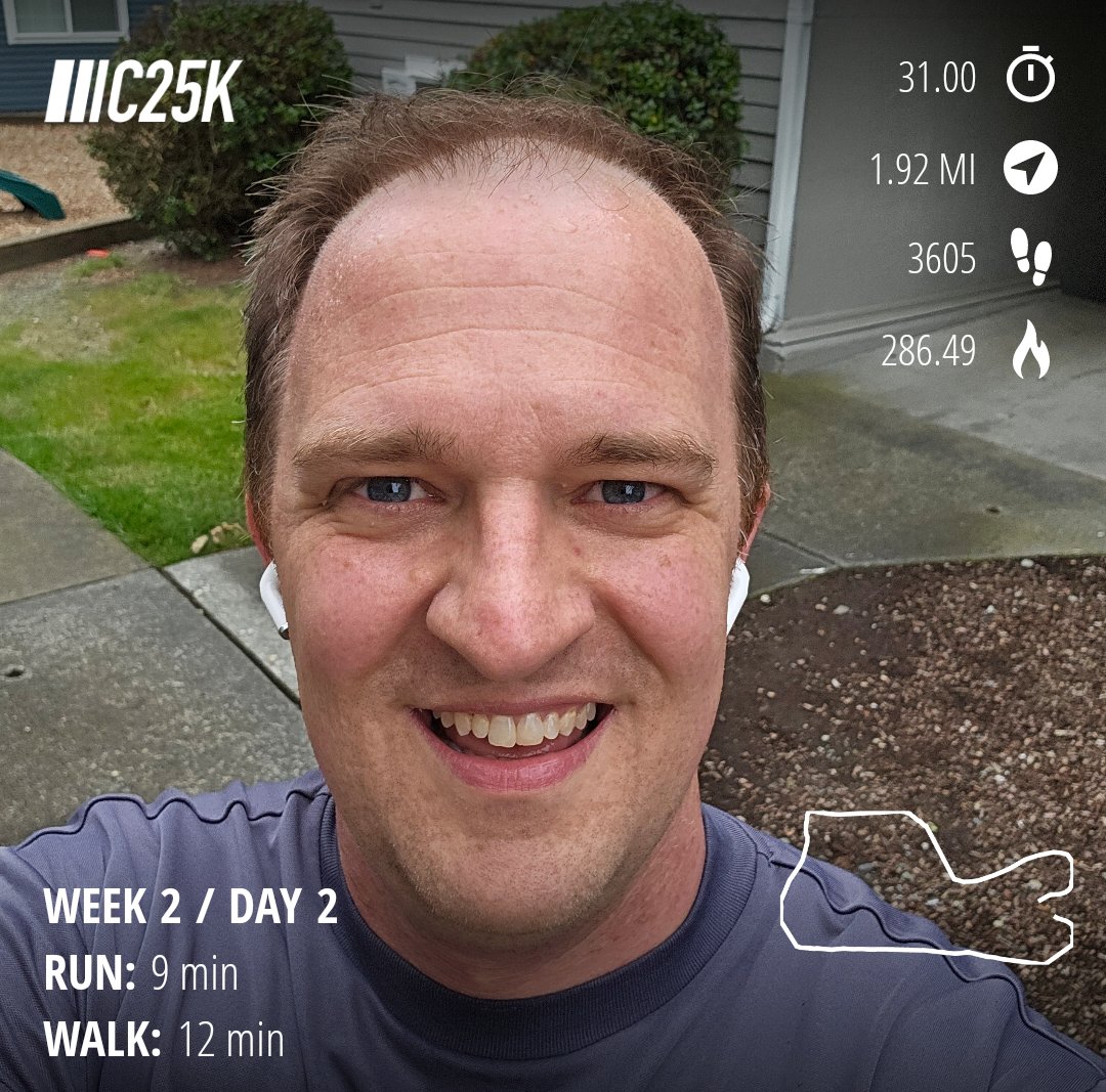 Week 2 Day 2. I've paid.the money for the program now, so I guess I'm committed.
Really wanted to get the full loop. Pushed a little hard on the back half to get it. Feel good though.
Also, why is it so chilly? It's almost June! #couchto5k