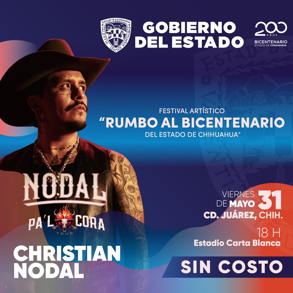 ¡Ciudad Juárez, comenzamos los festejos rumbo al Bicentenario! Christian Nodal en concierto. Viernes 31 de mayo a las 6 de la tarde en el Estadio Carta Blanca. No tiene costo. ¡Celebremos juntos los 200 años de ser el estado más grande de México!