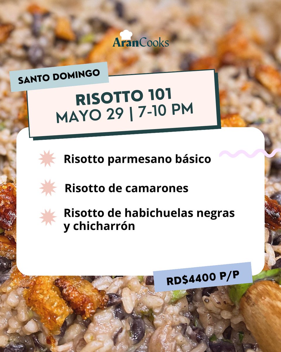arantxa_soto's tweet photo. ¡VAMOS A COCINAR!✨

Vuelven mis clases presenciales y estoy segura que la vamos a pasar increíble comiendo, aprendiento y bebiendo deli.

Costo regular: RD$4400
Y quienes se inscriban DURANTE ESTE FIN DE SEMANA recibirán un precio especial. https://t.co/43dAdZkRLi
