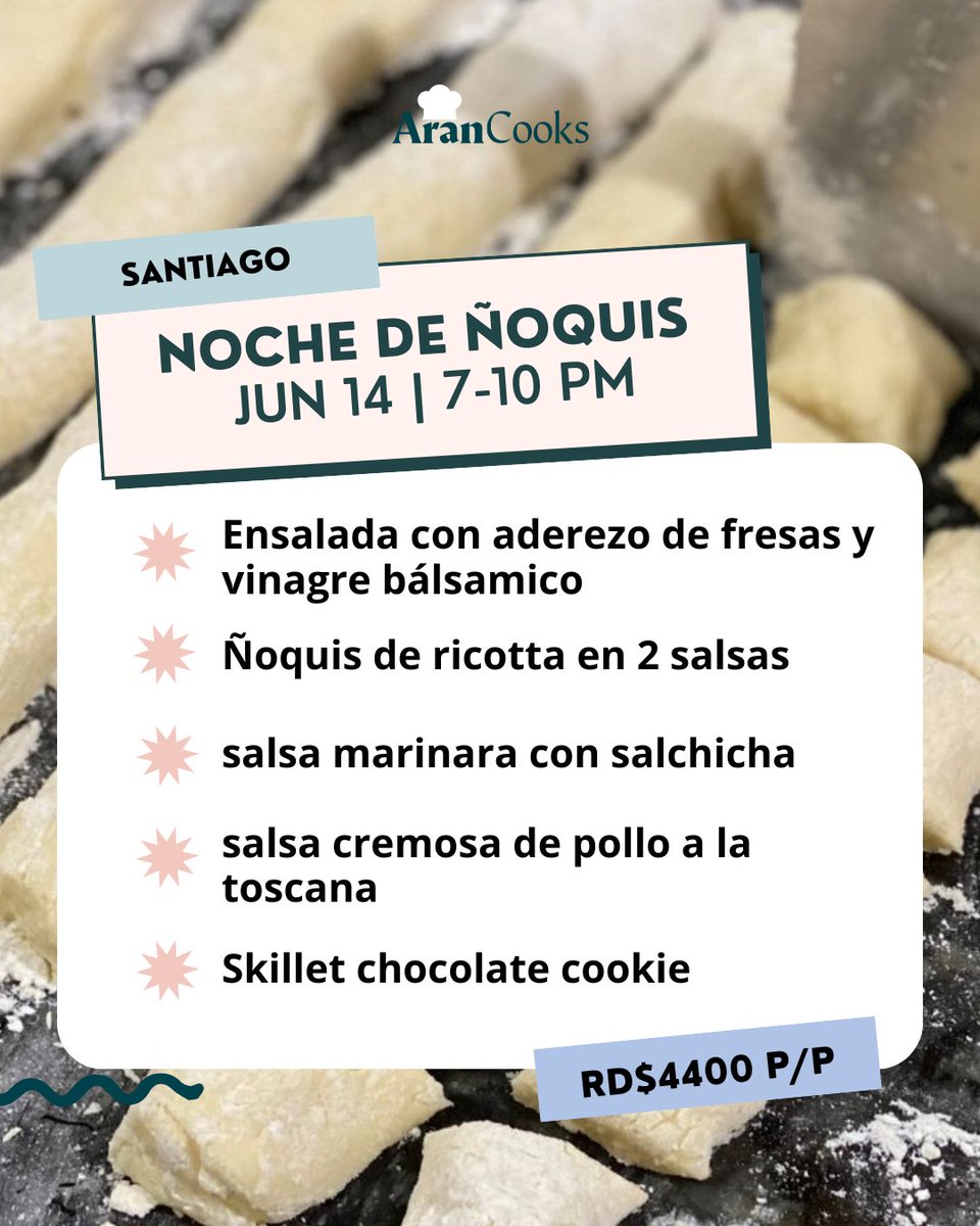 arantxa_soto's tweet photo. ¡VAMOS A COCINAR!✨

Vuelven mis clases presenciales y estoy segura que la vamos a pasar increíble comiendo, aprendiento y bebiendo deli.

Costo regular: RD$4400
Y quienes se inscriban DURANTE ESTE FIN DE SEMANA recibirán un precio especial. https://t.co/43dAdZkRLi