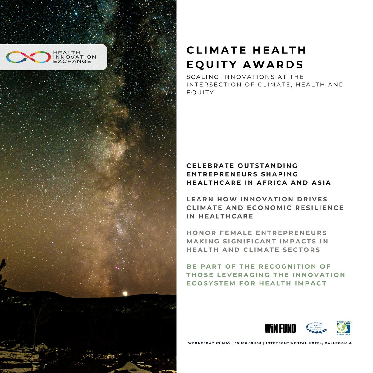 🏆 Join us for the 2024 HIEx Climate Health Equity Awards! 📅 29 May, 16h00-18h00 📍 IHG, Ballroom A 🔗tinyurl.com/27ptk543 @CHAI_health @winfundCH @HCWHGlobal #WHA77 #ClimateHealthEquity #Entrepreneurship #HealthcareInnovation #HIEx #Africa #Asia #innovations