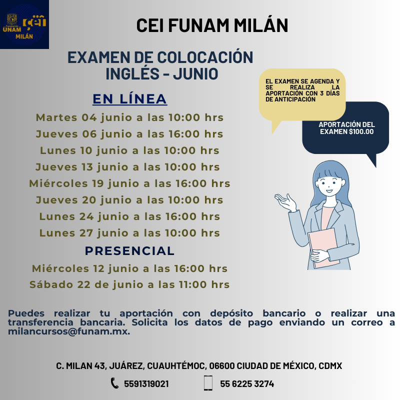 CEI_FUNAMMILAN's tweet photo. ¡Seguimos con más fechas de examen de colocación de INGLÉS!    

✅Solicita tu registro y formas de pago: 

Correo electrónico: milancursos@funam.mx 
WhatsApp:55 6225 3274  
Teléfono: 5591319021

#coljuarez #Cuauhtémoc #presencial #inglés https://t.co/A6a0lXcbGJ