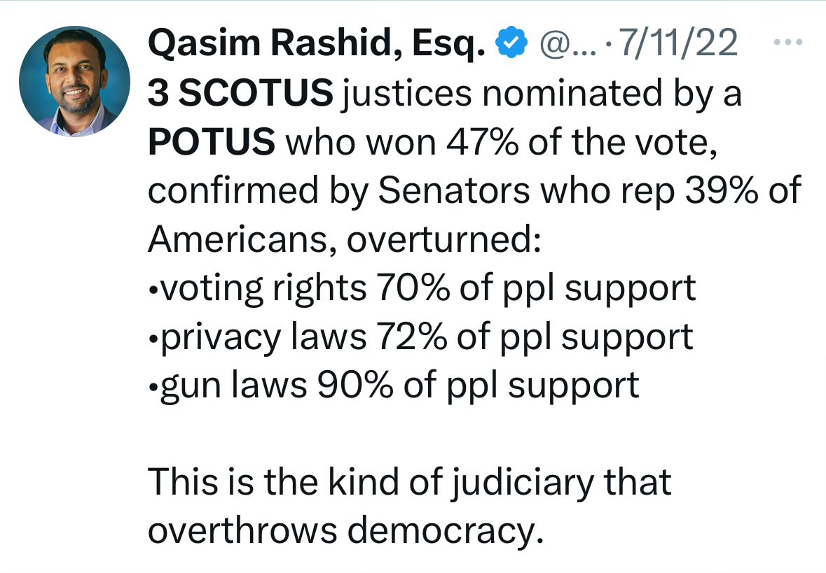 As we witness Justice Thomas’s wife participate in the insurrection, Justice Alito fly pro insurrection flags, & neither recuse themselves on a case about overthrowing democracy—I think about this tweet from nearly two years ago warning about SCOTUS overthrowing democracy.😐