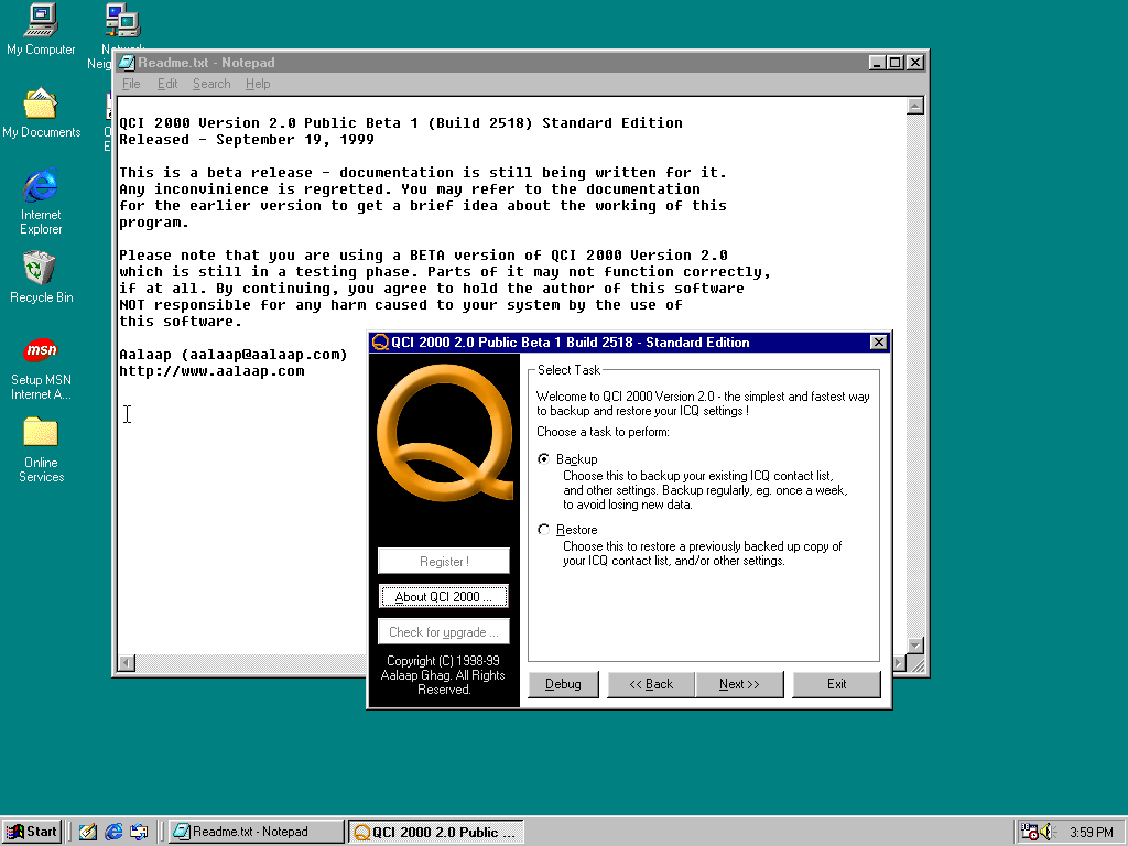 anerdguynow's tweet photo. With ICQ shutting down, I dug through my backups and found a copy of QCI 2000, an ICQ backup and restore utility. Something tells me it probably doesn't work anymore. https://t.co/LGXJbxf3Al