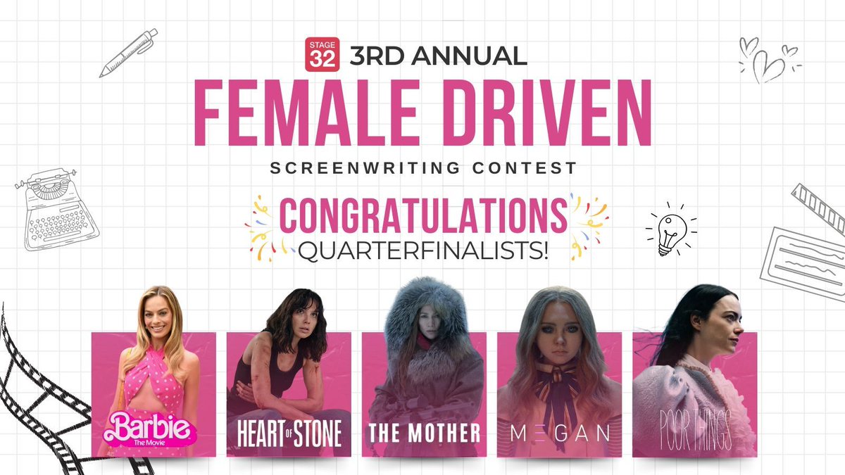 Congratulations to the Quarterfinalists of the @Stage32 3rd Annual Female Driven Screenwriting Contest! Head to the link >>buff.ly/3V6azEA to check out the scripts that made the cut!
#screenwriting #ScreenwritingTwitter #Stage32 #Stage32Writers #Stage32WritesMore