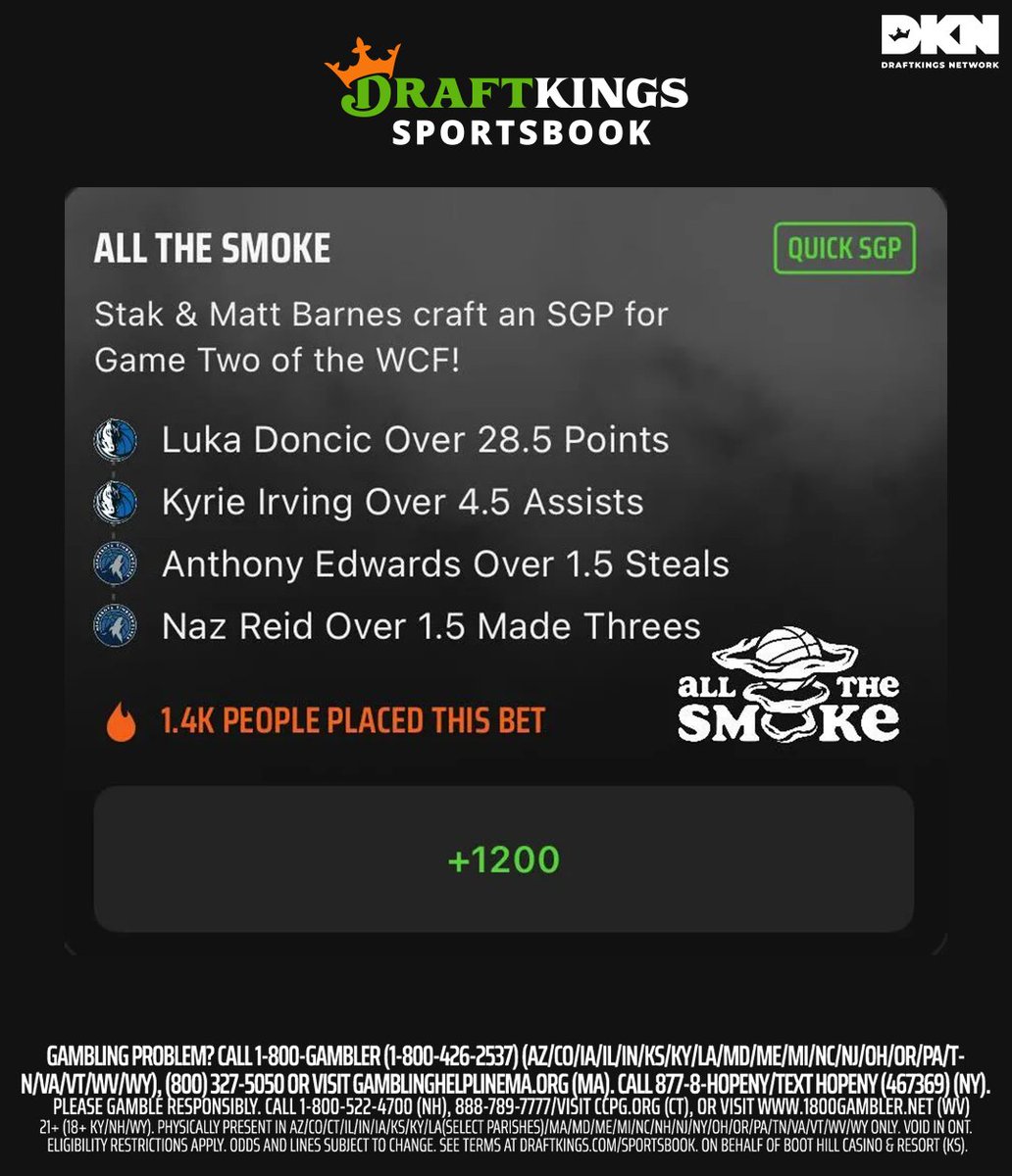 NBA SGP: @Matt_Barnes + @DaTrillStak5 built this SGP for tonight's showdown between the Mavericks and Timberwolves...are you taking this bet too?🤔 🏀Luka Doncic Over 28.5 Pts 🏀Kyrie Irving Over 4.5 Asts 🏀Anthony Edwards Over 1.5 Stls 🏀Naz Reid Over 1.5 Made 3s Odds: (+1200)