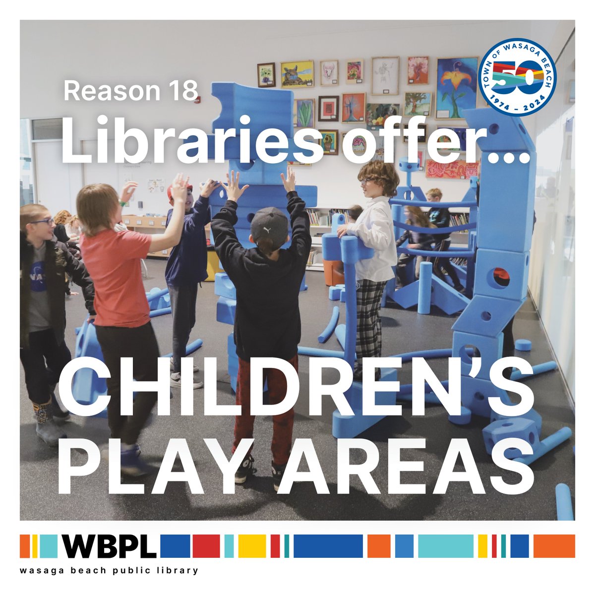 Reason #18 of 50 why libraries are great: Children’s Play Areas! 🧸 Libraries provide safe spaces where young ones can play, explore, and learn. These areas foster creativity and social skills, making the library welcoming place for families. #50YearsOfSunshine #FindItHere