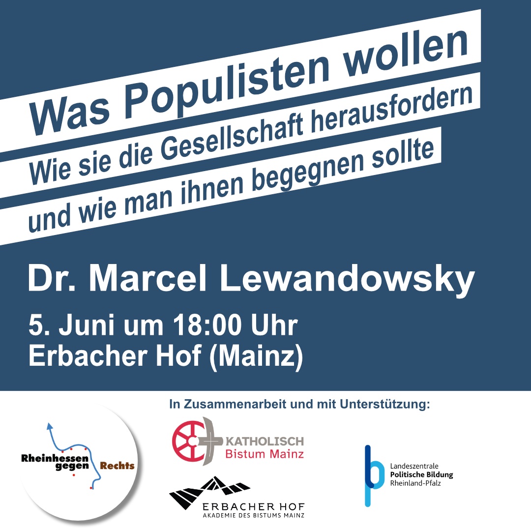 Erinnerung: Was Populisten wollen - Diskussion mit <a href="/mlewandowsky/">Marcel Lewandowsky</a> <a href="/Alex_Schweitzer/">Alexander Schweitzer</a> und @PiaSchellhammer. Am 5.6.2024. Gemeinsam mit <a href="/lpb_rlp/">LpB RLP</a> <a href="/BistumMainz/">Bistum Mainz</a> in #Mainz