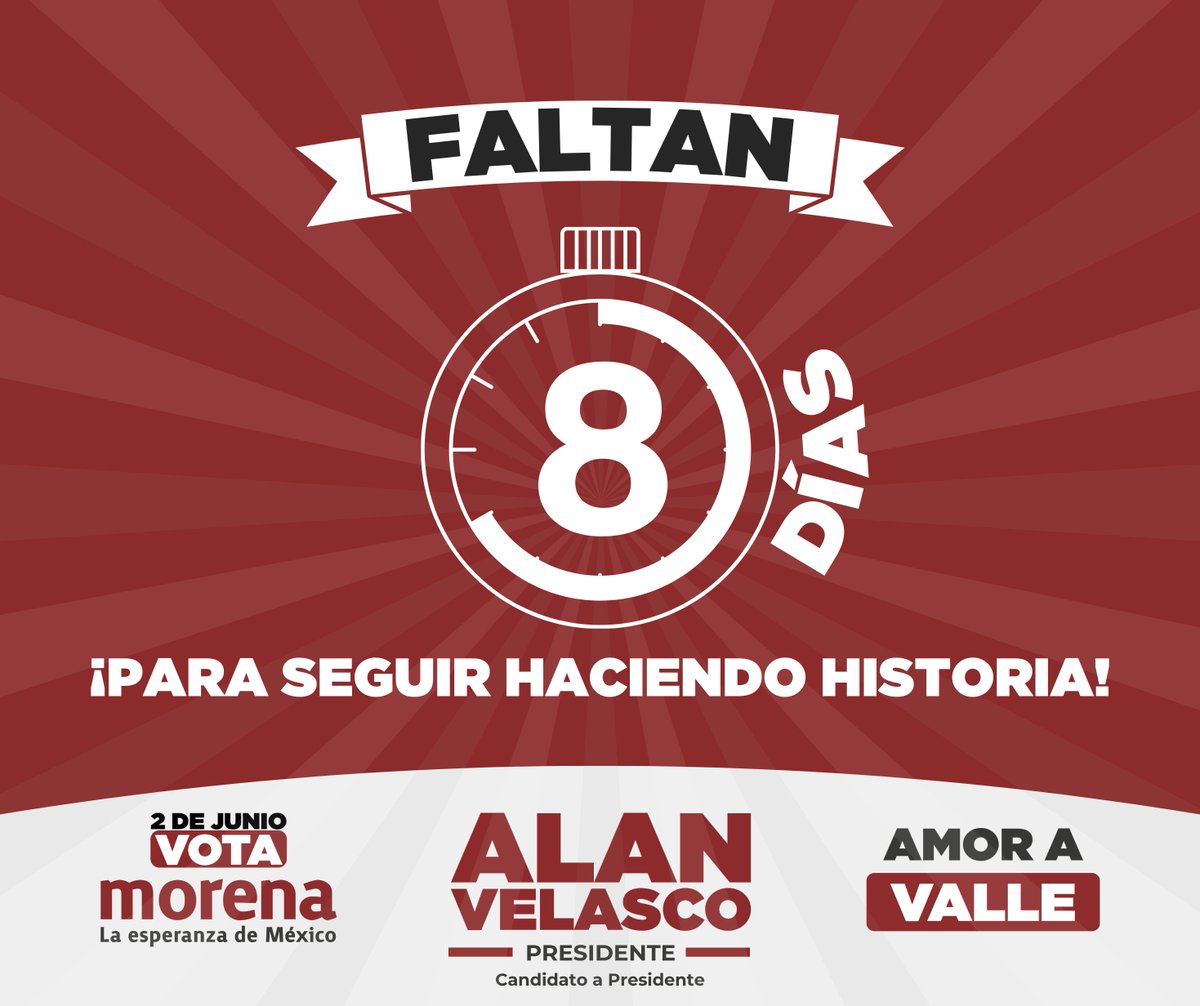 #AlanPresidente | ¡Estamos a 8 días del triunfo! ¡Que siga la transformación, las oportunidades y el bienestar para todas, todos y todes! ¡Este 2 de junio, vota #AlanVelascoPresidente y el Plan C!
#VotaMorena
#VotaAlan
#AmorAValle