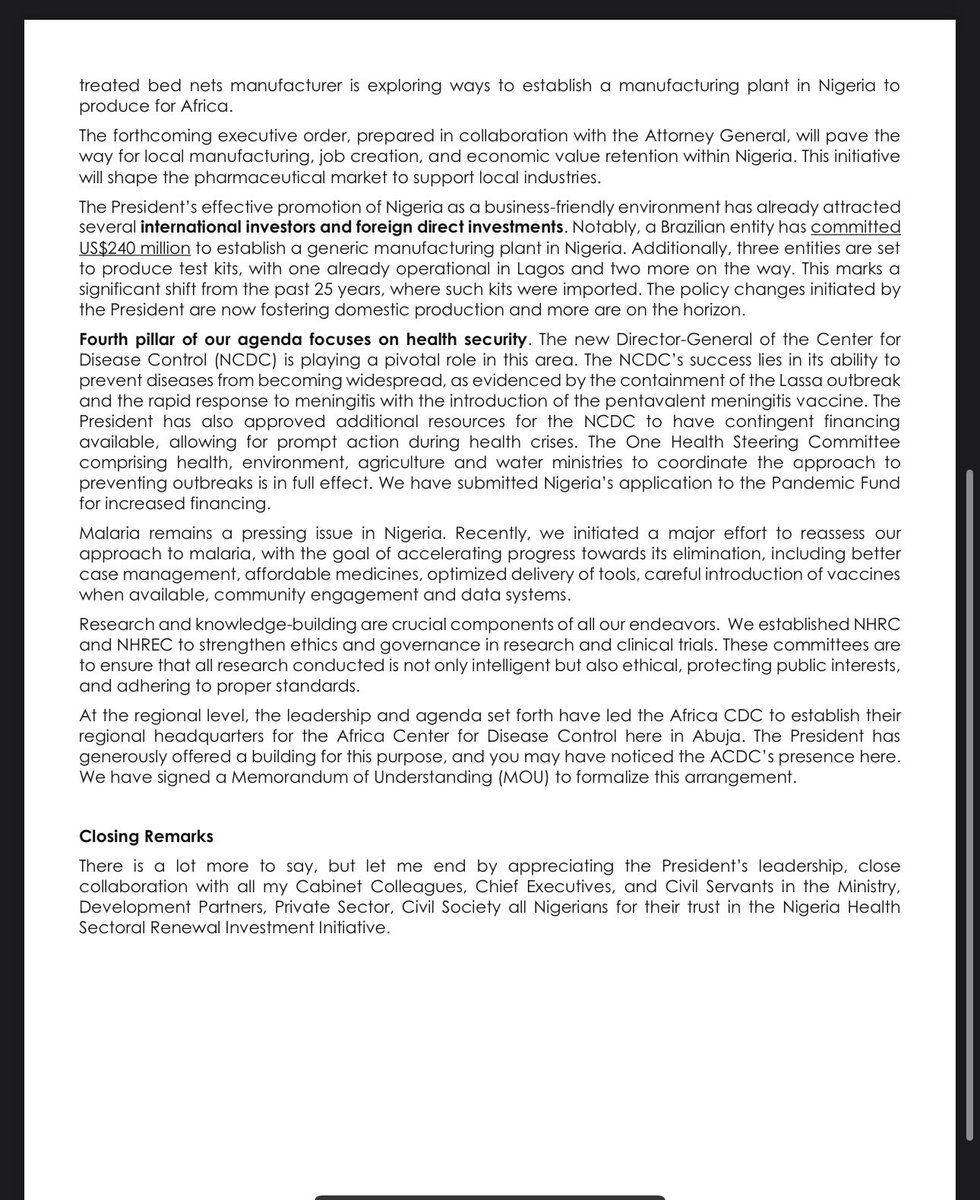 Today, I had the privilege of reporting back to Nigerians and account of our stewardship of the health sector over the past several months. The pages below are the notes that guided my remarks. It is such an honor to serve and I remain grateful to HE President Bola Ahmed Tinubu,