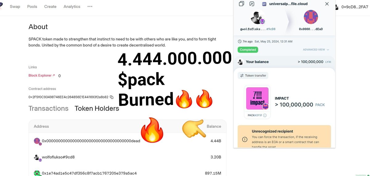 It is done.🎉🚀🚀🚀
Maximum supply of $pack token on LUKSO blockchain is now reduced from 
8,888,000,000 
to 4,444,000,000
tokens. 

BIG BURN #1 confirmed.
This is only the beginning.
🔥🔥🔥🔥🔥🔥🔥🔥🔥🔥🔥🔥🔥