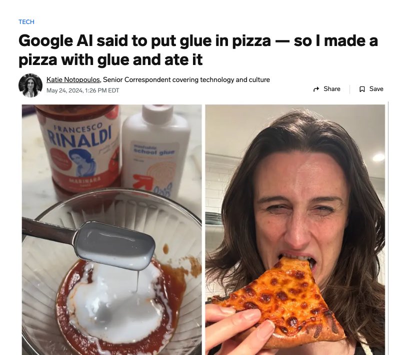 Yesterday, Elon said he doesn’t think Business Insider is a real publication. Today, a Business Insider reporter ate pizza with glue in it. 🎶 Curb Your Enthusiasm Music 🎶