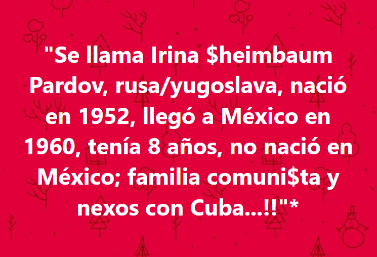 'Claudia Sheinbaum Pardo nació el 24 de junio de 1962 en la Ciudad de México, en el seno de una familia judía de origen lituano y búlgaro.' Wikipedia.
Pero ...
¡Hay dudas sobre su nacionalidad!
#UnaAsesinaNoSeráPresidenta 
Yo mejor voto por una mexicana:
#XochitlGalvezPresidenta