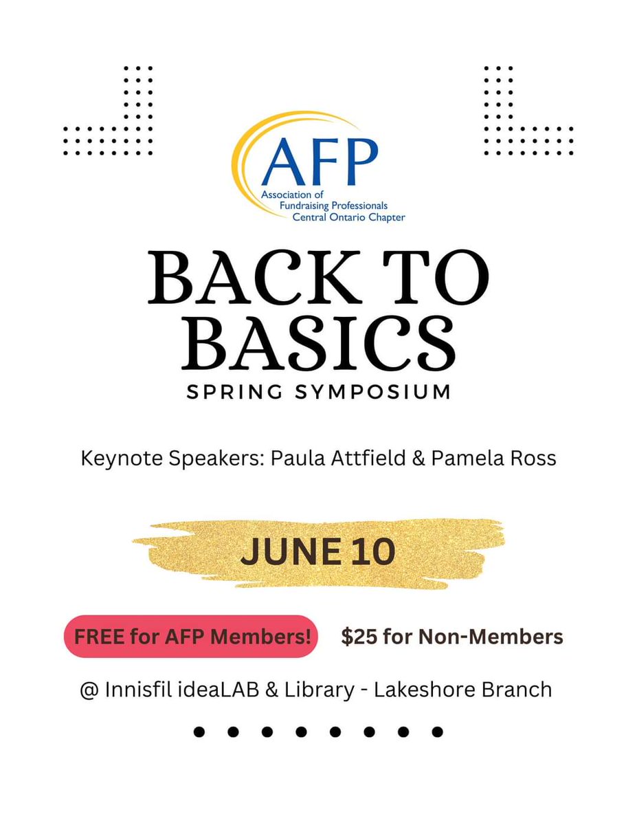 We're thrilled to share registration is NOW OPEN for our annual Spring Symposium!

We've listened to our members and this year, we're going Back to Basics with those hard fundraising skills.

Snag your seat here: eventbrite.ca/e/afp-central-…