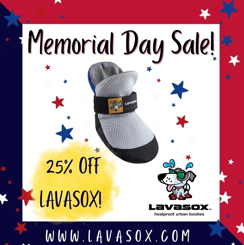 Happy Memorial Weekend! 🇺🇸 Save 25% on Lavasox! It's the unofficial start to summer ☀️so let's celebrate with a sale! It's already starting to get 🔥 out there so make sure your pup has the protection they need - think walks 🐾, beaches ⛱️, festivals - they're gonna need it!