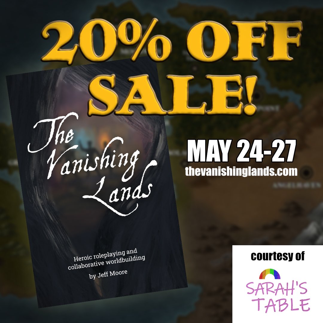 LandsVanishing's tweet photo. In honor of our arc on Sarah’s Table at https://t.co/jQAKPRBTRa we are running a 20% off sale on both hardcover and digital versions of the game until May 27, so now’s the time to check it out at https://t.co/OPwhwQGAcC!

#ttrpg #rpg #gamedesign #SarahsTable https://t.co/BGkYdXaIDS