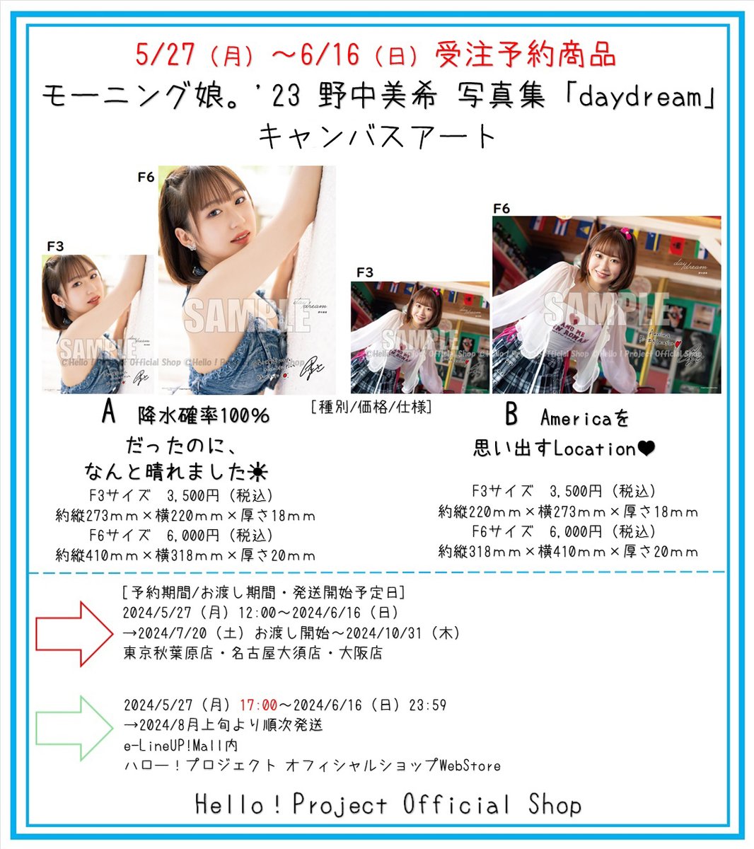 5/27発売
12時～東京秋葉原店・名古屋大須店・大阪店
17時～WebStore

#野中美希 写真集「daydream」アザーカット商品

■A5クリアファイル＋L判写真
■フィギュアスタンドキーホルダー
詳細
helloshop.info/goods/20240524…

受注予約商品
■B2ポスター
■キャンバスアート
詳細
helloshop.info/goods/20240524…